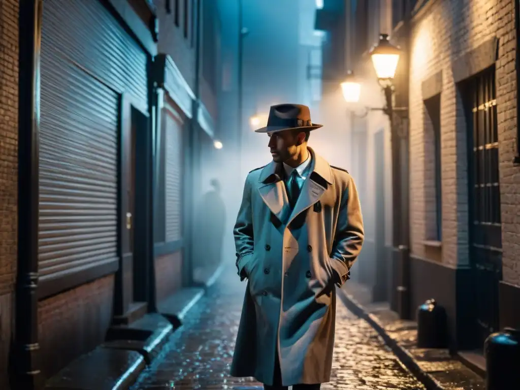 Un callejón sombrío de noche con niebla alrededor de farolas antiguas, un detective en gabardina mirando a una figura misteriosa en un fedora