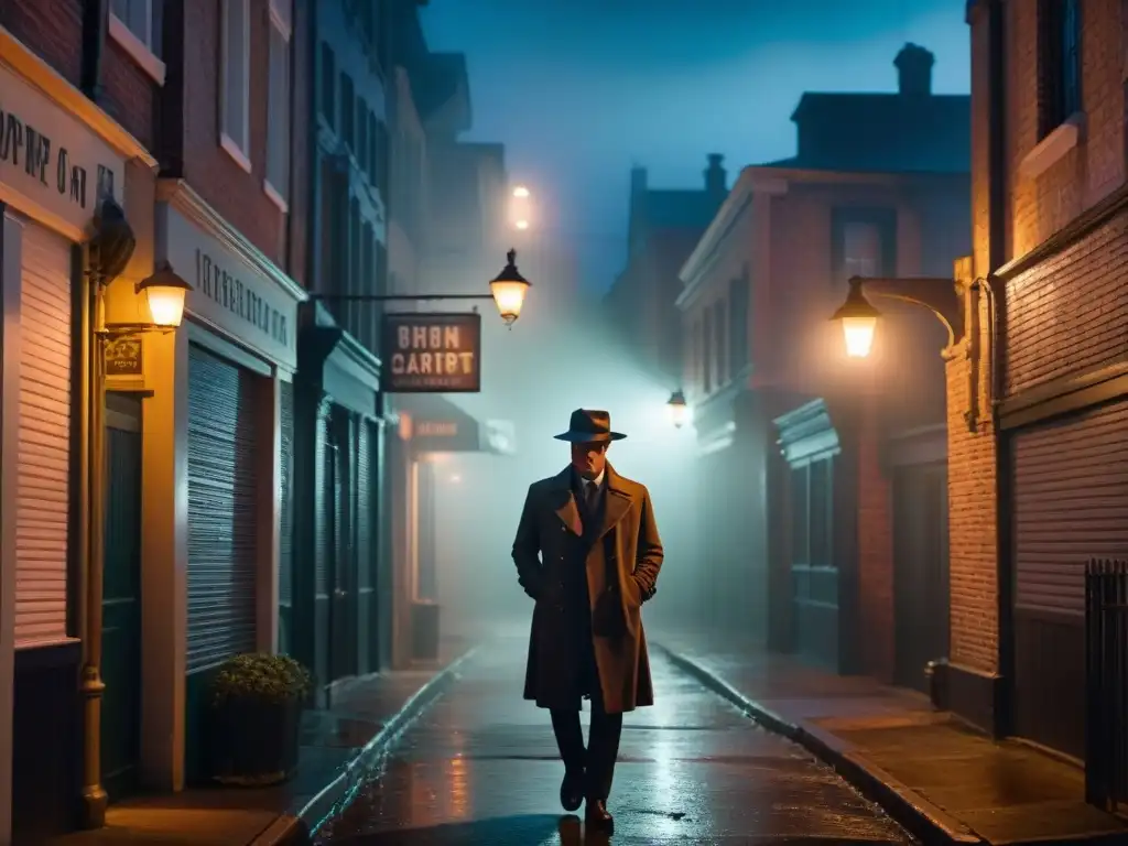 Un callejón sombrío de noche, con niebla espesa alrededor de farolas vintage