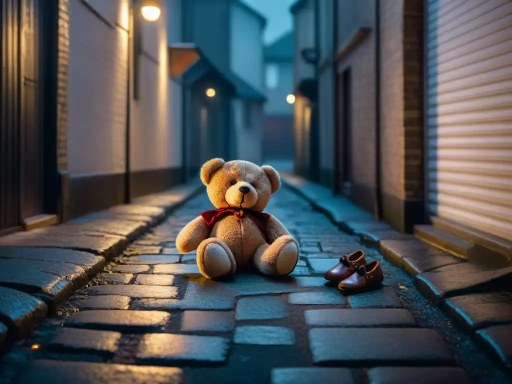 Un callejón sombrío de noche con un oso de peluche abandonado, evocando documentales crímenes niños desgarradores