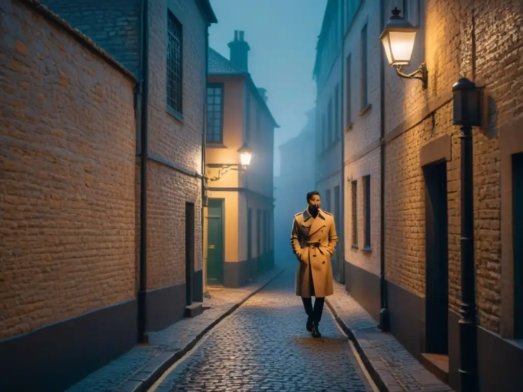 Un callejón sombrío de noche, con sombras deslizándose por los adoquines y una figura solitaria bajo una farola parpadeante