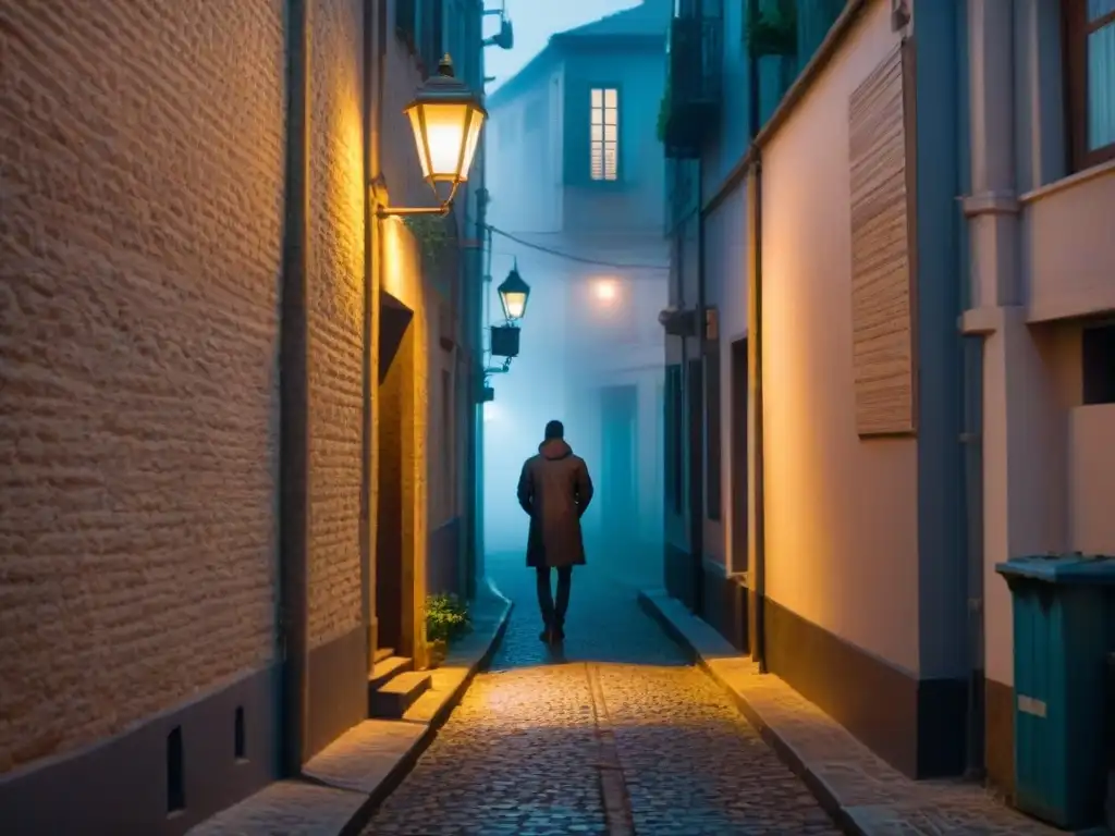 Un callejón sombrío de noche, con sombras en las paredes y una figura solitaria bajo una farola parpadeante