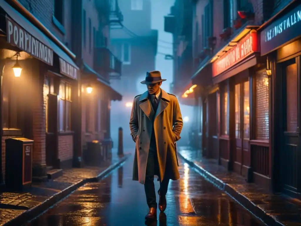 Un callejón sombrío de noche, suelo de adoquines brillando con la lluvia, luces de neón titilantes