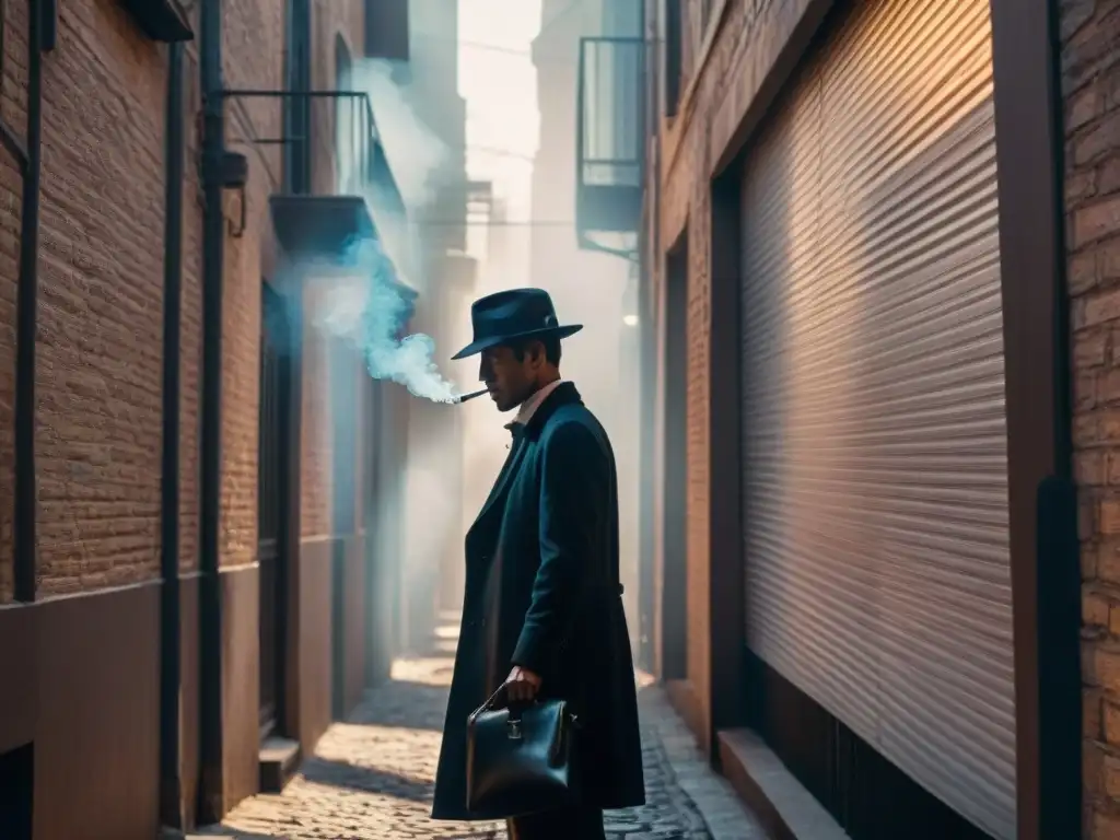 En un callejón sombrío, la silueta de una figura misteriosa con sombrero de fedora sostiene un arma humeante apuntando al suelo