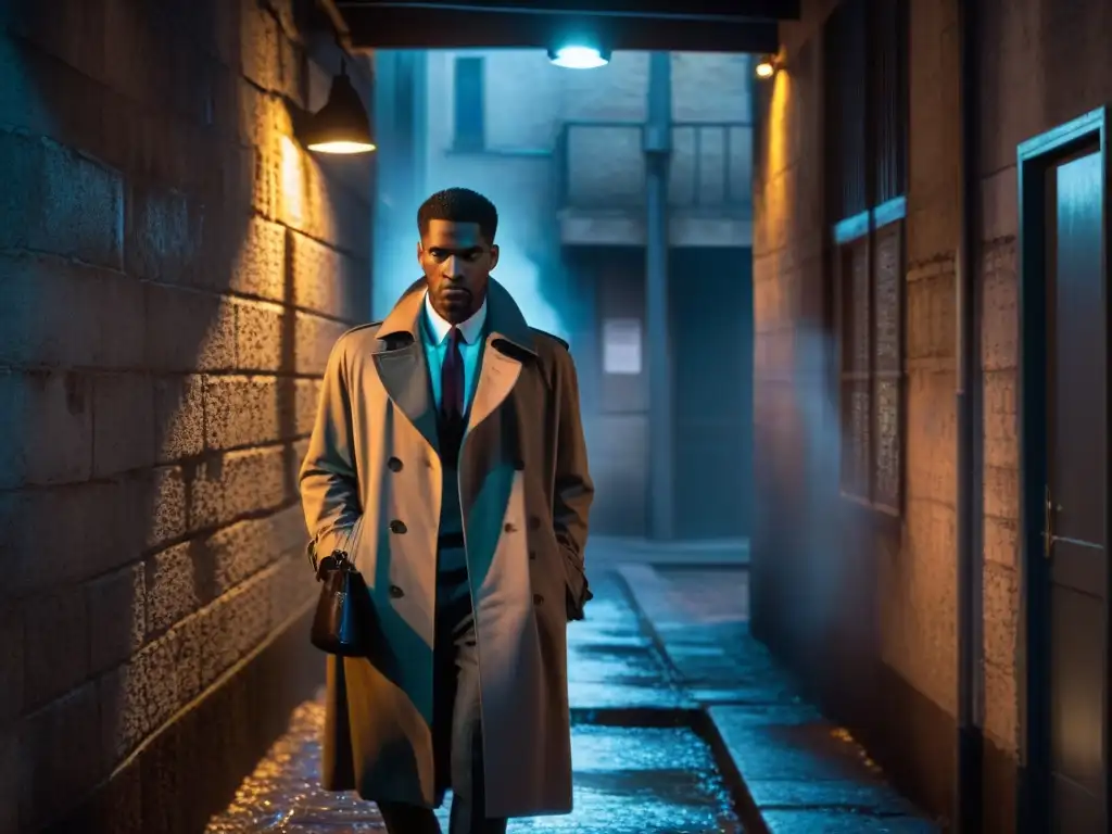 Un callejón sombrío con la silueta de una figura misteriosa y un cuchillo ensangrentado, reflejando dilemas morales