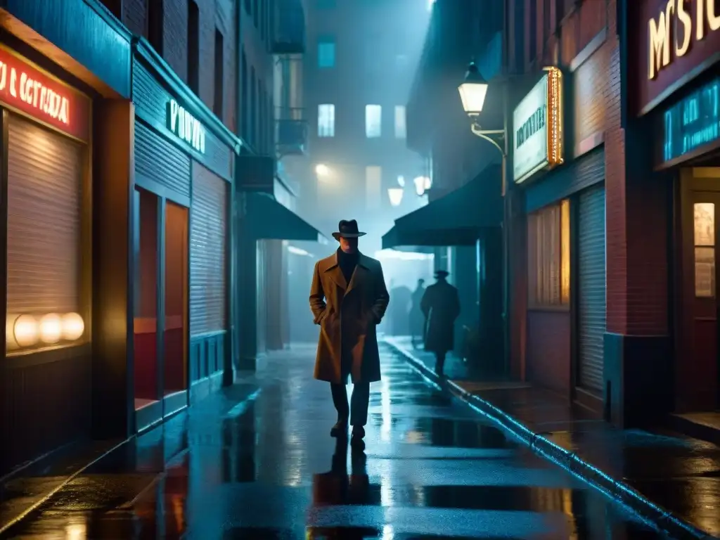 Noche de cine noir: misterio en el callejón Un callejón sombrío con siluetas misteriosas bajo la luz de un farol, reflejando el impacto de la producción cinematográfica del género misterio