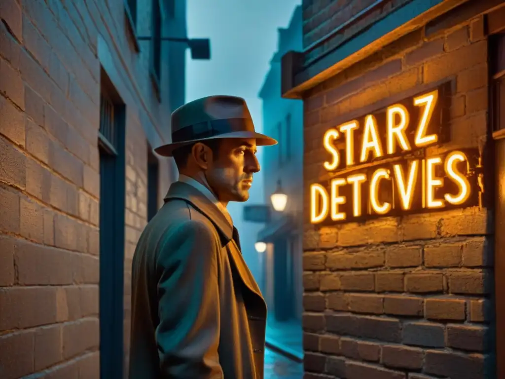 Un callejón tenue bajo la lluvia, adoquines brillantes iluminados por el letrero de neón 'Starz Detectives'