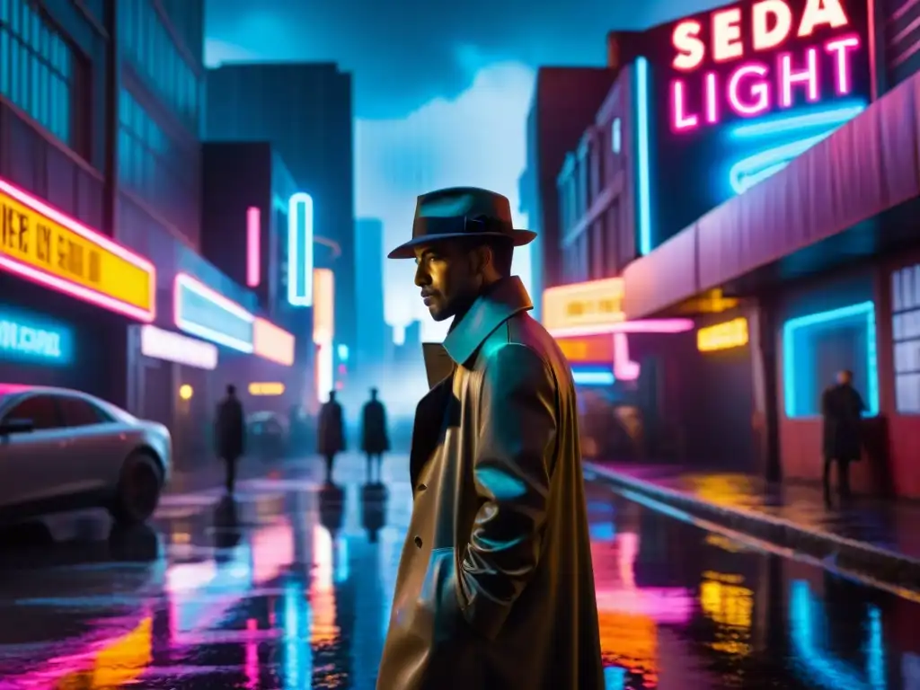 En un callejón tenue de una metrópolis futurista, un detective con gabardina y sombrero se destaca ante luces de neón