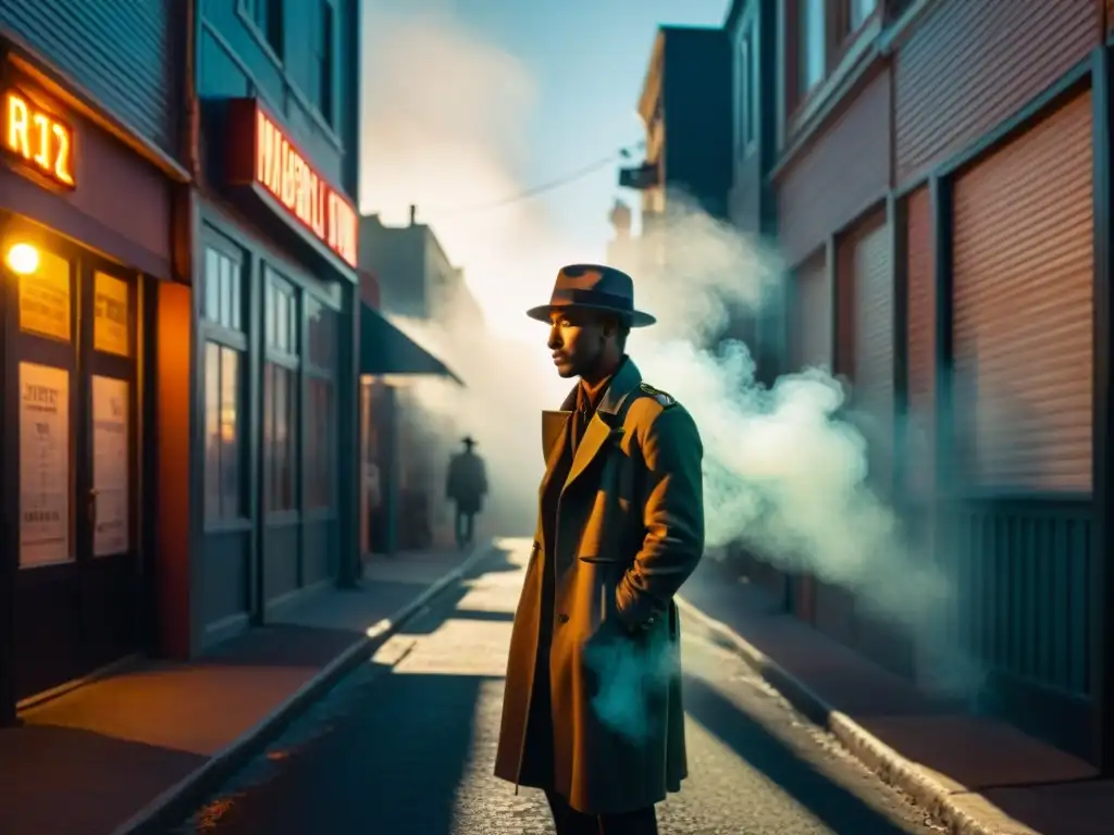 Un callejón tenue bajo el sol de medianoche, sombras largas de faroles vintage