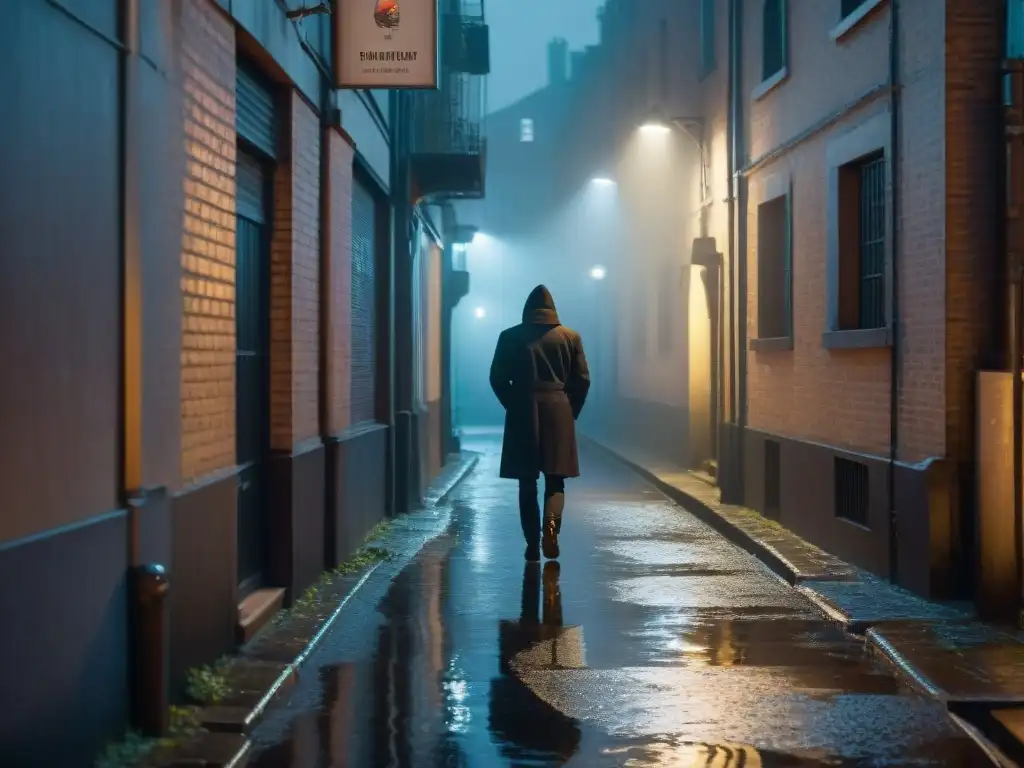 Un callejón urbano en penumbra de la ciudad de noche, iluminado por la luz de un deslucido farol callejero