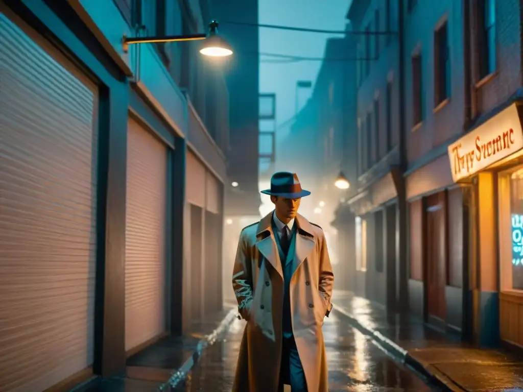 En una callejuela poco iluminada por la noche, un solitario personaje en gabardina y sombrero de ala ancha bajo una farola parpadeante