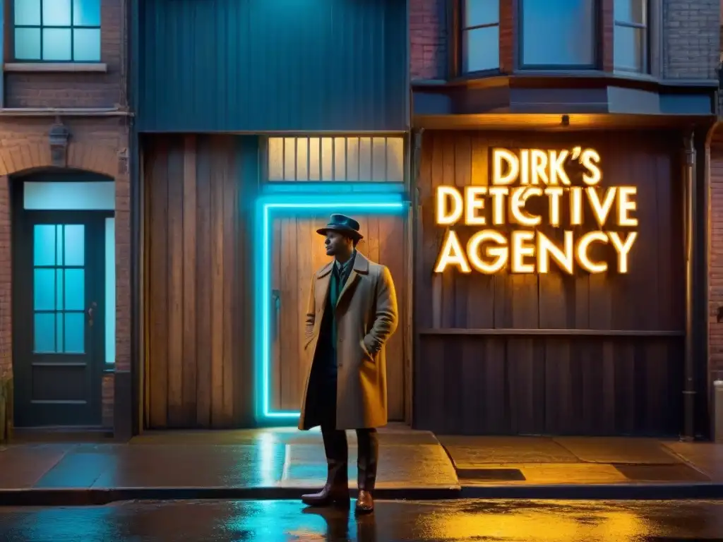 En una callejuela oscura, la lluvia refleja la luz de un letrero de neón con 'Análisis detectivesco de Dirk Gently'