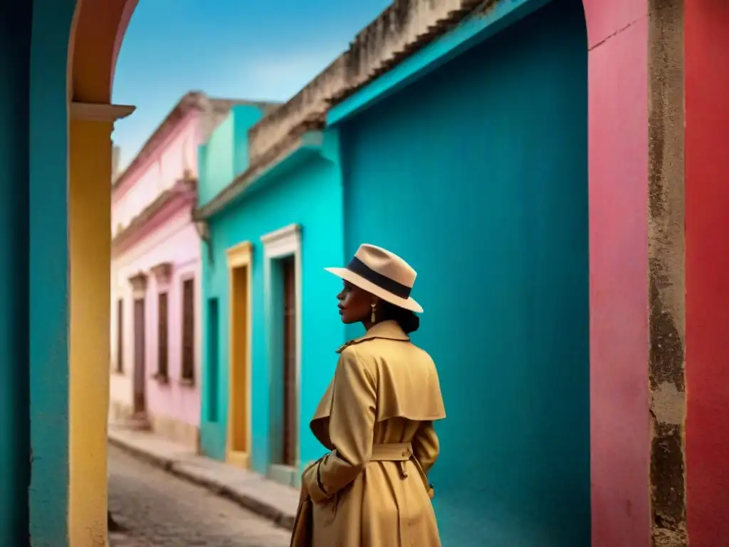 En las sombrías calles de La Habana, una misteriosa mujer en gabardina y sombrero de fedora emerge de las sombras, exudando enigma e intriga