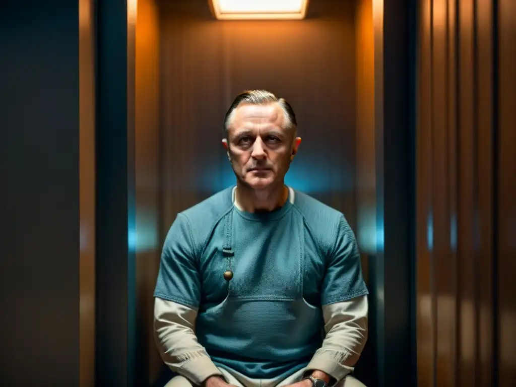 Hannibal Lecter en su celda, con mirada penetrante en penumbra