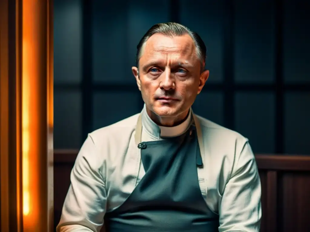 Hannibal Lecter en su celda, analizando en la penumbra su icónico personaje, capturando su enigmática y gélida esencia