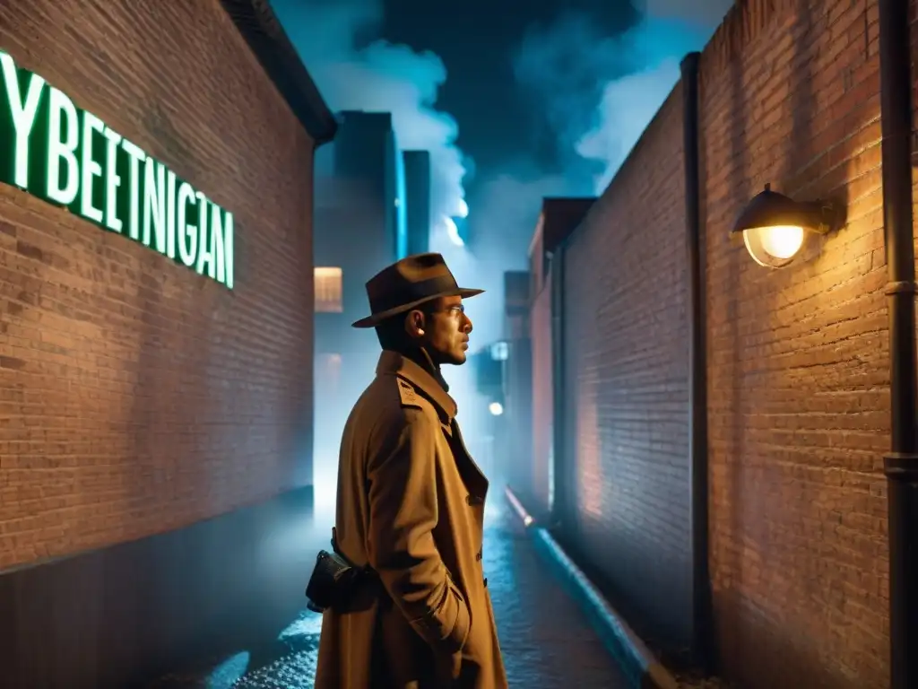 Detective cibernético en la noche: Misterio y tecnología Un ciberdetective en un callejón oscuro, examinando conexiones digitales en una pared de ladrillo, bajo la luz de un letrero de neón