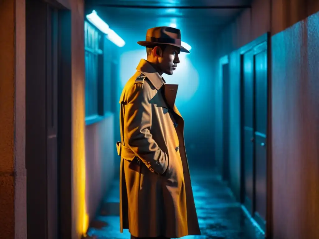 Silueta de ciberdetective en un callejón con luces de neón Un ciberdetective en un callejón oscuro, iluminado por luces de neón, con un magnifying glass