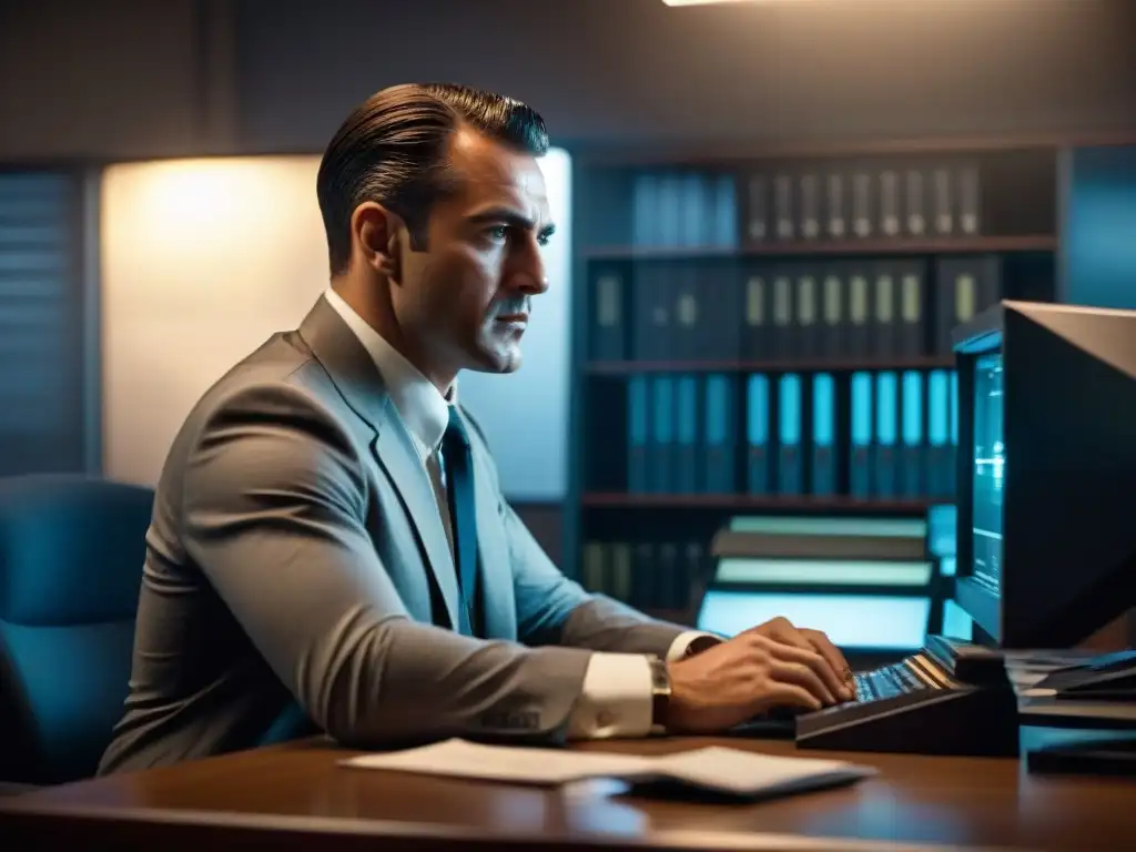 Detective ciberpunk inmerso en investigación nocturna Un ciberdetective en una oficina sombría, rodeado de expedientes y fotos de vigilancia