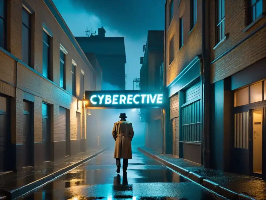 Agencia de Ciberdetectives: Misterio en la Noche Un ciberdetective en la penumbra de un callejón, bajo un letrero de 'Agencia de Ciberdetectives', evocando el misterio del cine noir