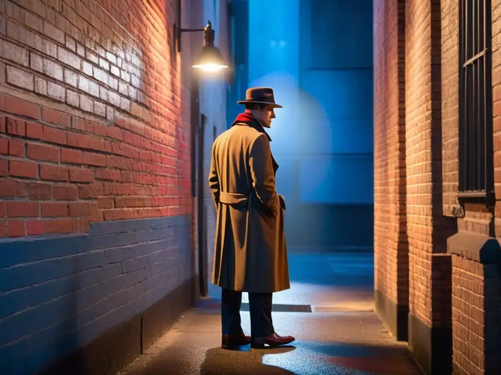 Cine Noir en Color análisis: Callejón nocturno con misterioso personaje bajo luz de neón roja y azul, en blanco y negro