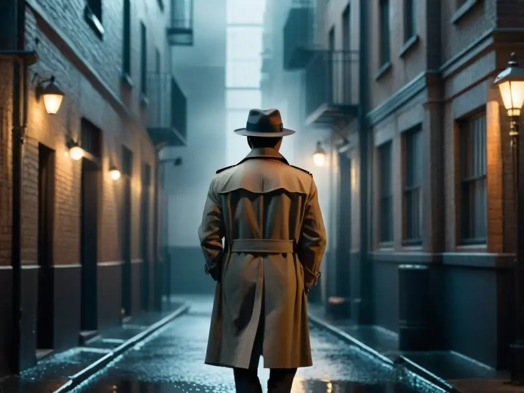 Philip Marlowe cine negro: Silueta de detective bajo la lluvia en un callejón urbano, iluminado por farola