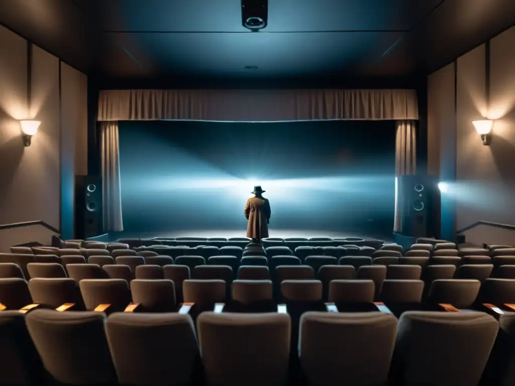 En un cine oscuro, un misterioso personaje en gabardina y sombrero solitario, iluminado por la luz de la pantalla