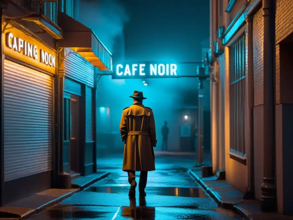 Fotografía en el Cine Noir: Solitario en la penumbra de un callejón nocturno, bajo un letrero de 'Café Noir'