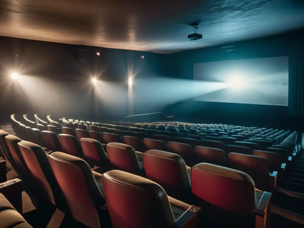 Un cine sombrío con filas de asientos vacíos, iluminado por la luz de la pantalla