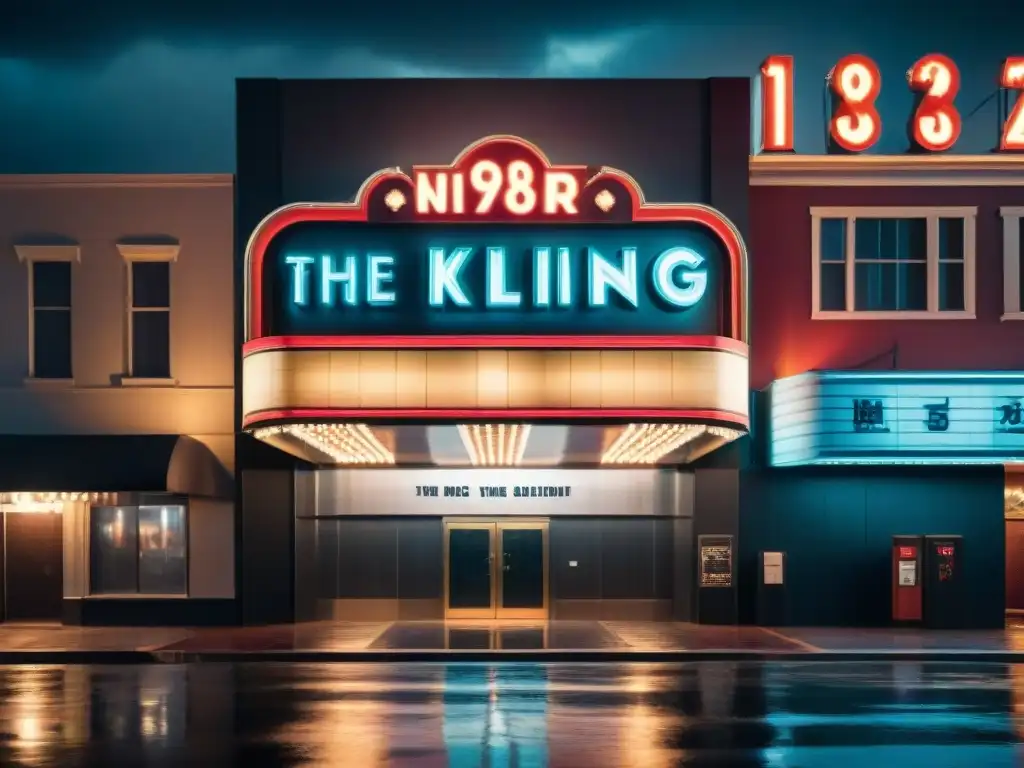 Marquesina de cine vintage iluminada en la lluvia, con el título 'The Killing'