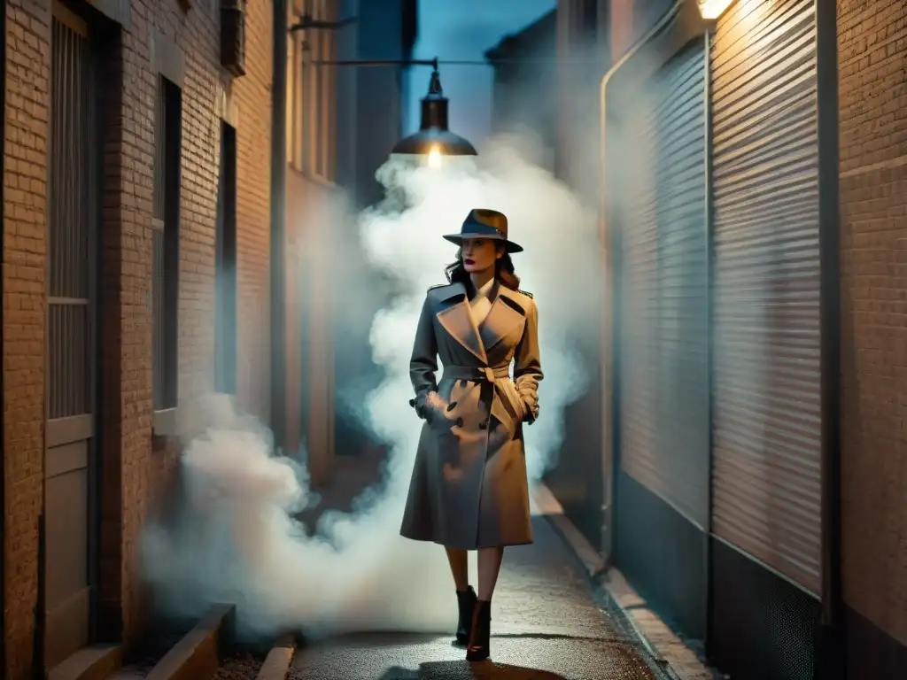 Atmósfera Film Noir: Callejón sombrío con figura misteriosa y femme fatale Producción cinematográfica impacto género misterio: Escena noir con figura misteriosa en callejón sombrío y femme fatale en silueta