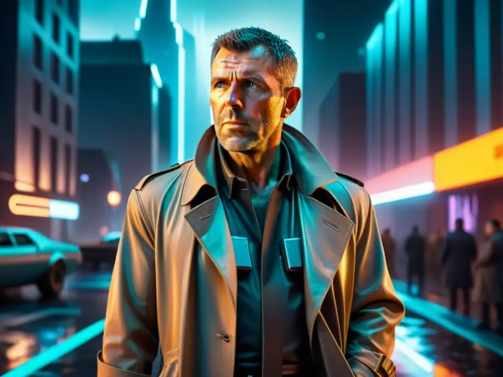 Ilustración de Rick Deckard en una ciudad futurista, lluvia y neón crean un ambiente noir