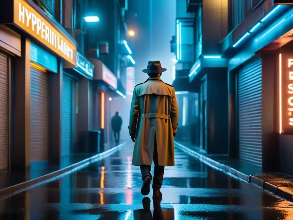 En una ciudad futurista, un misterioso detective bajo la lluvia, con un gadget de ciencia ficción