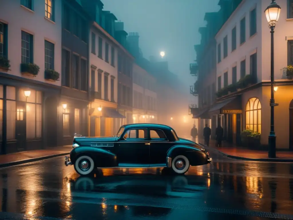 Un coche negro vintage de los 40 estacionado en la neblinosa calle de la ciudad de noche, bajo la luz de una farola parpadeante