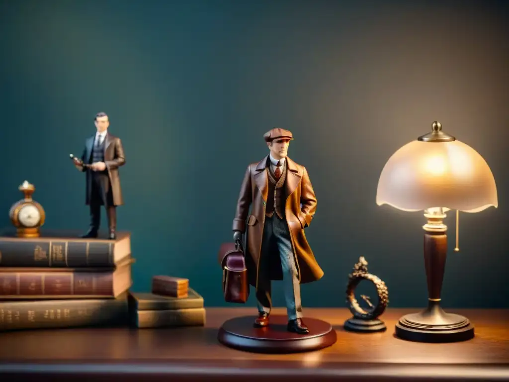 Coleccionismo de figuras de Sherlock Holmes detectives en una habitación sombría, llenas de misterio y detalle