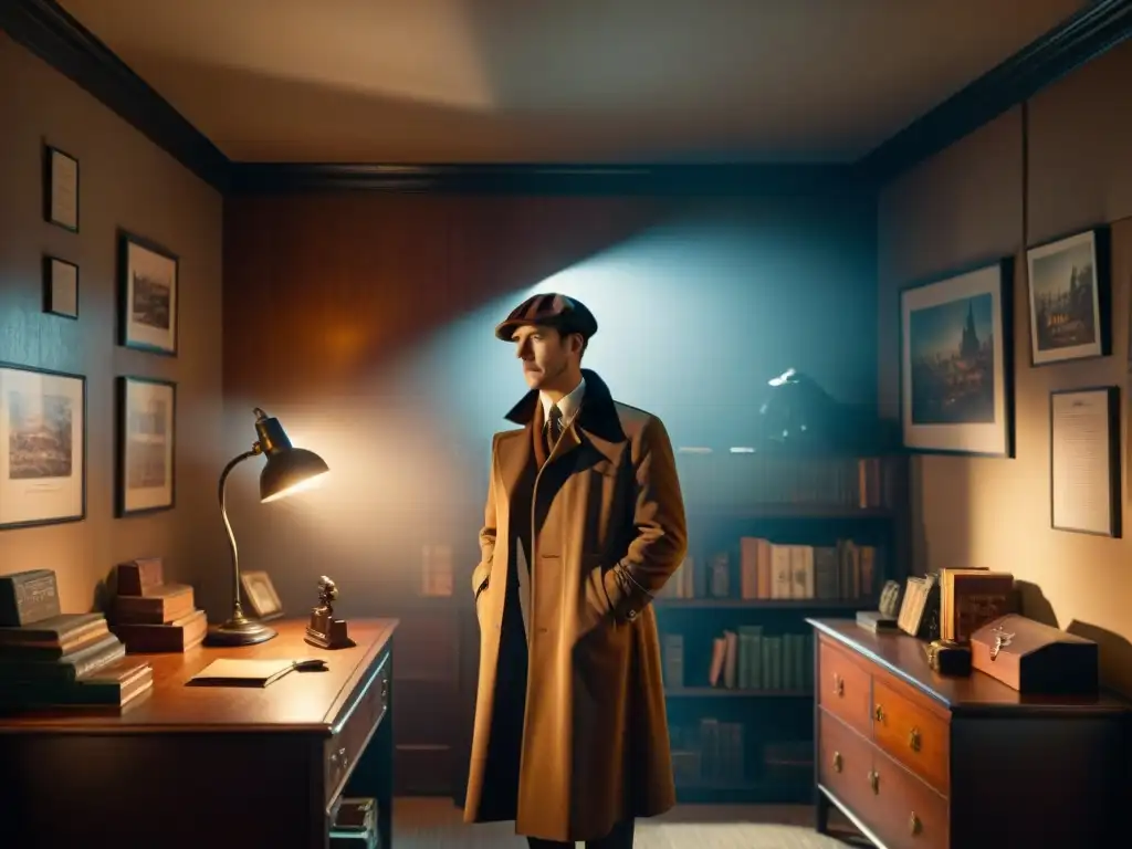 Coleccionismo de figuras Sherlock Holmes y detectives en una habitación misteriosa con luz tenue y objetos vintage