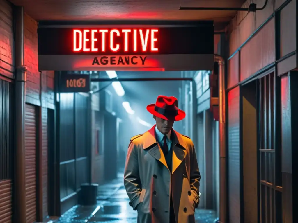 En una construcción misteriosa de detectives del cine noir, una figura en la penumbra bajo un letrero de 'Agencia de Detectives' en rojo