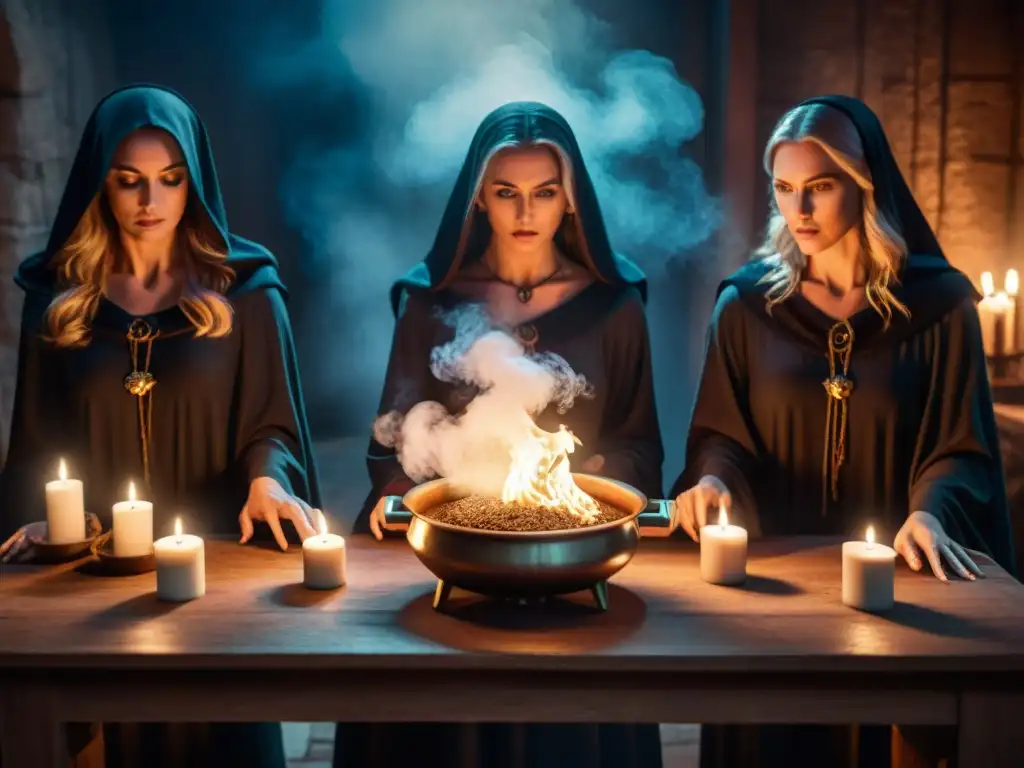 Un coven de brujas en un ritual misterioso, rodeadas de símbolos y velas