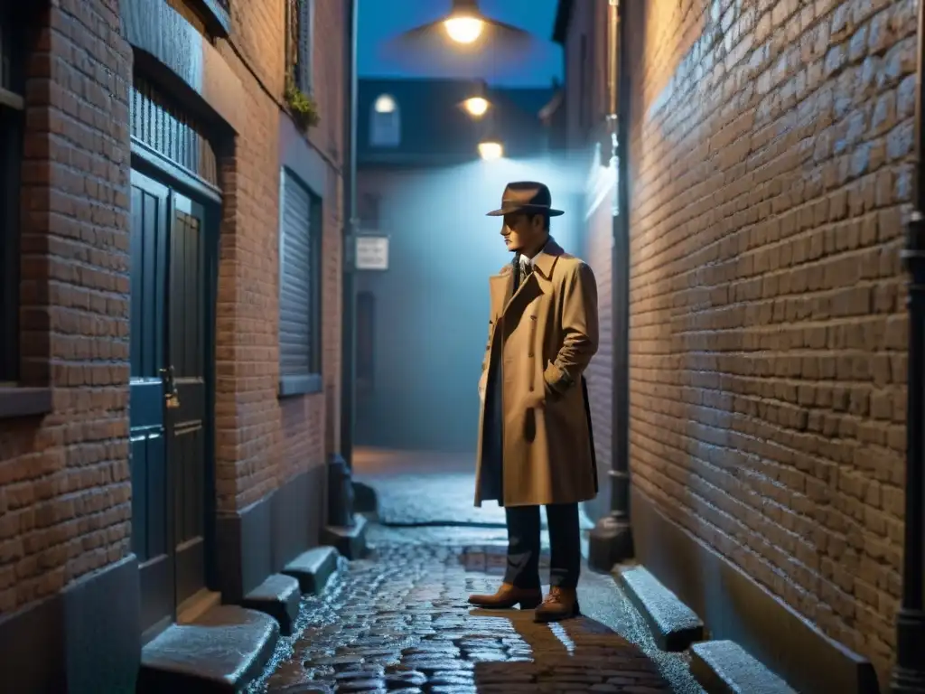 Escena de detective en callejón oscuro y misterioso Investigación de un crimen en un callejón oscuro, con un detective examinando pistas bajo la lluvia, en un escenario de película noir