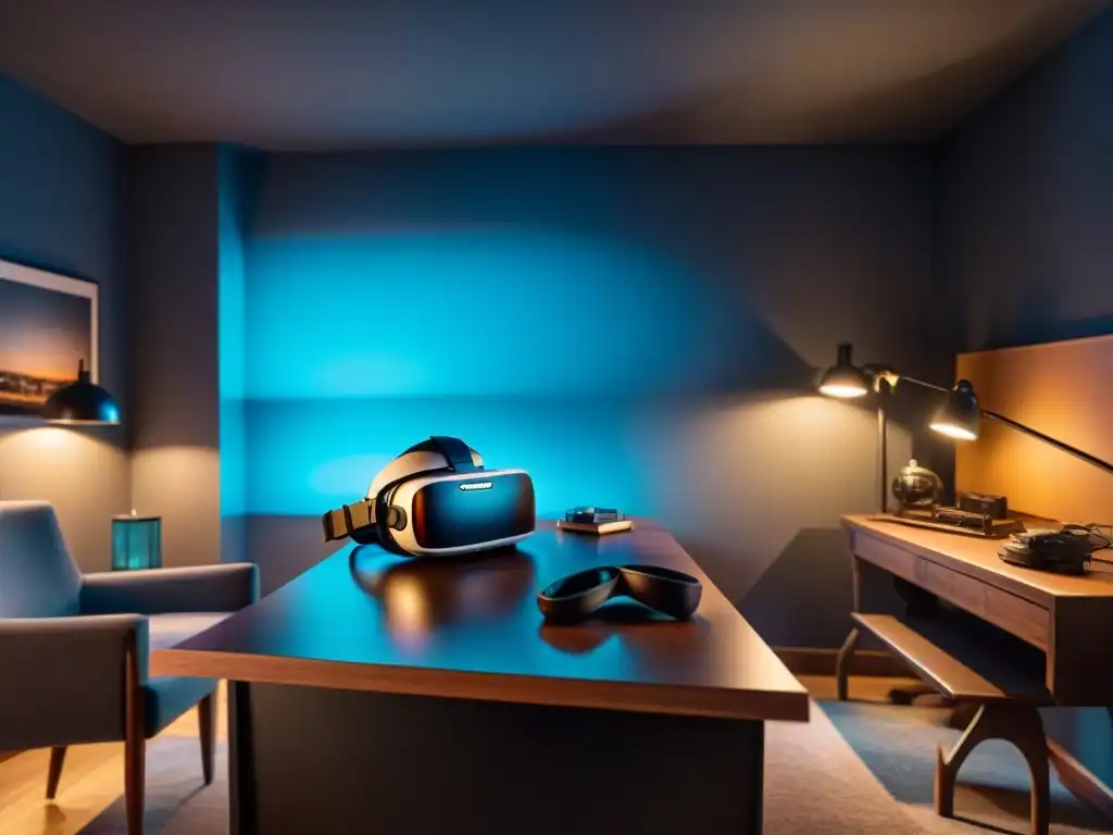 Un cuarto de realidad virtual sombrío con herramientas de detective vintage