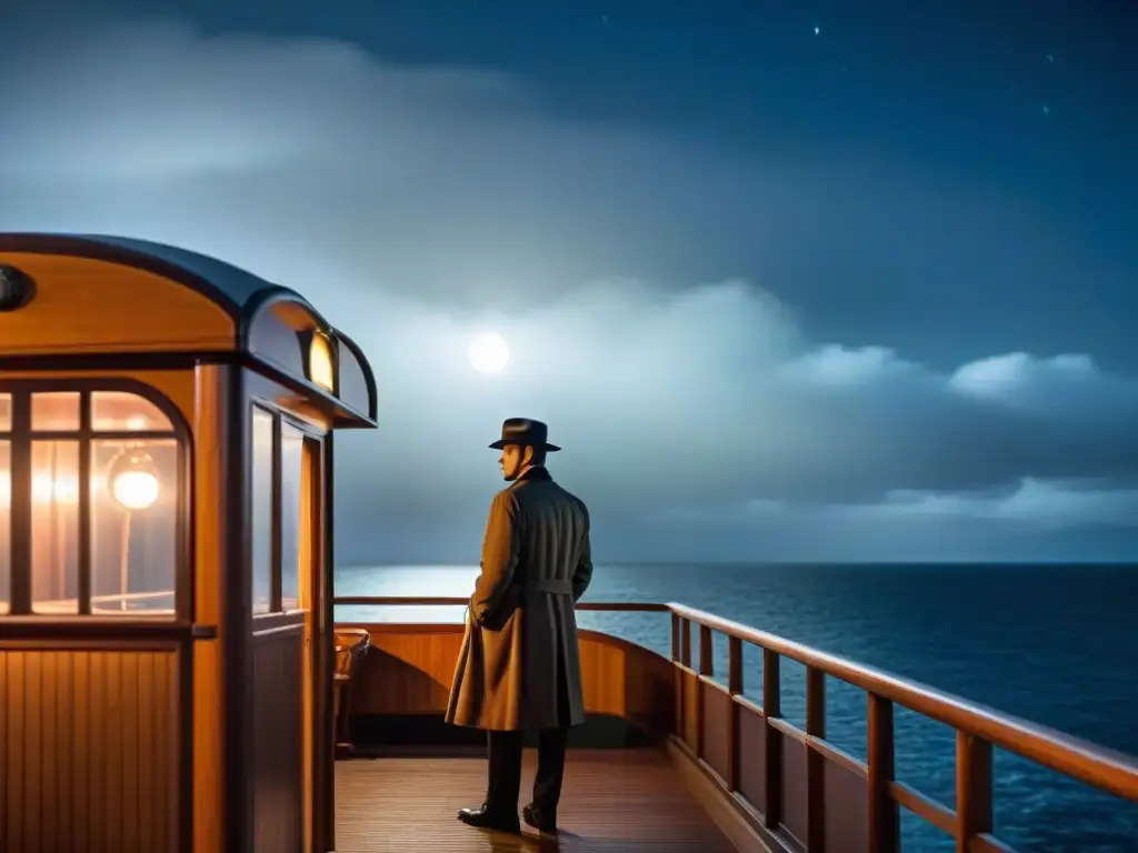 Misterio en cubierta: figura misteriosa en crucero nocturno En la cubierta de un crucero temático de crimen, un misterioso figura en la noche con neblina y sombras