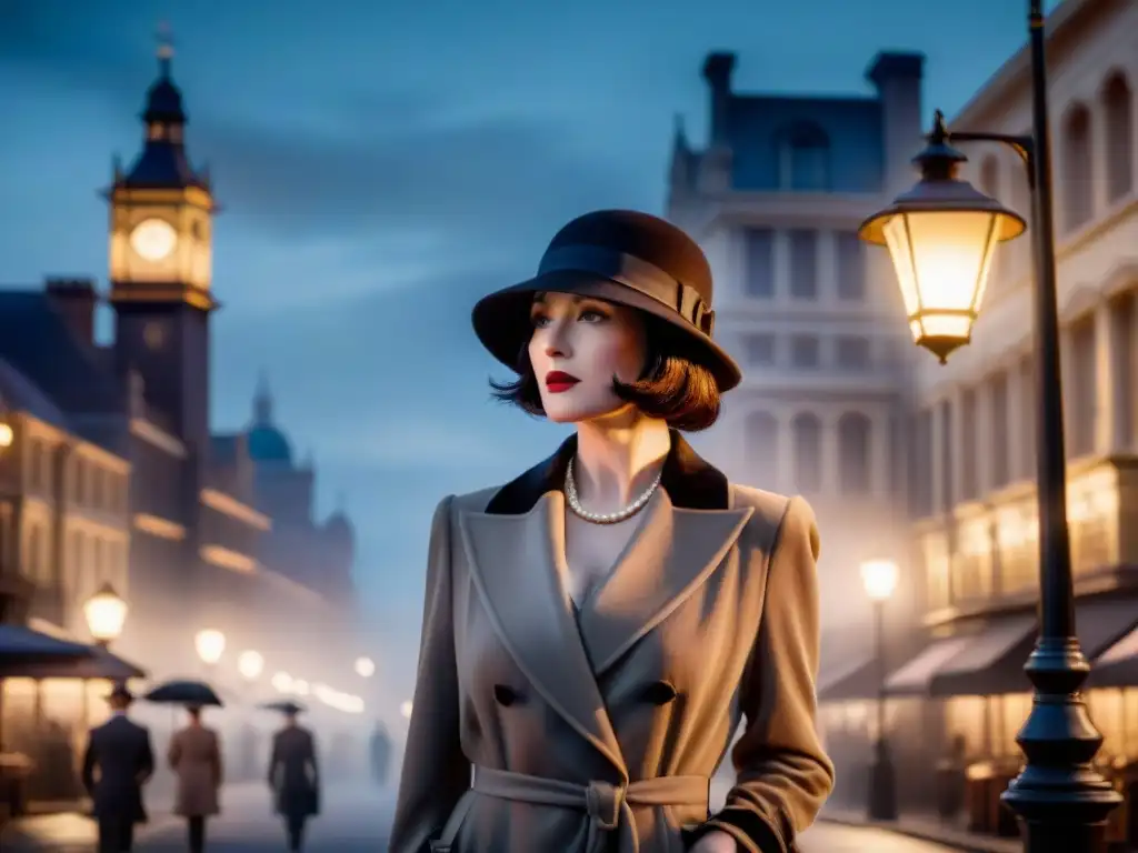 Una dama elegante en un escenario nocturno de misterio, evocando el mundo de 'Miss Fisher's Murder Mysteries'