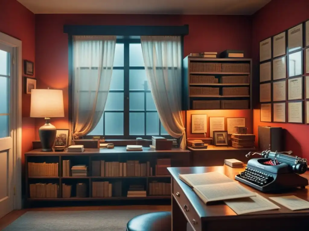 Oficina de detective misteriosa en 8k: intriga y secretos Un despacho de detective en penumbra con una mesa desordenada, máquina de escribir, teléfono antiguo, pizarra llena de notas y fotos