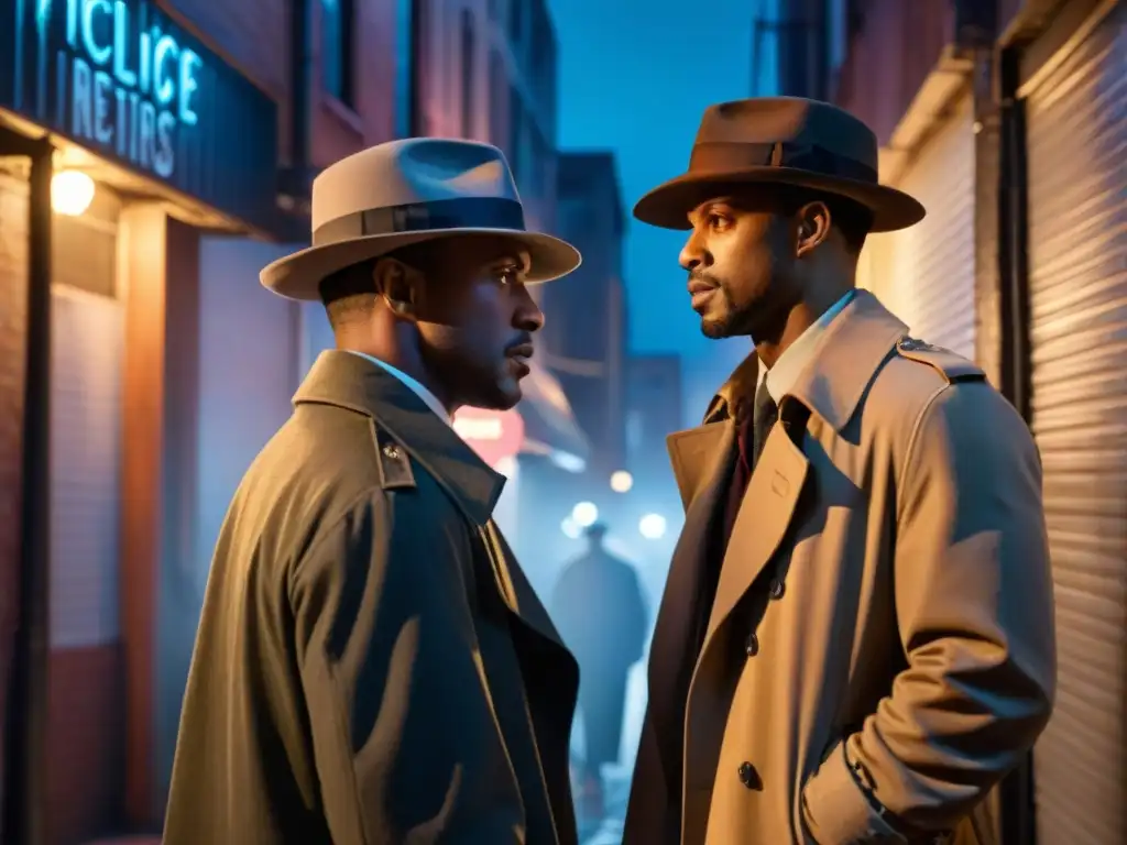 Noche de misterio: detective interrogando a sospechoso en callejón oscuro Un detective africano interroga a un sospechoso hispano en un callejón oscuro, destacando la diversidad cultural en detectives
