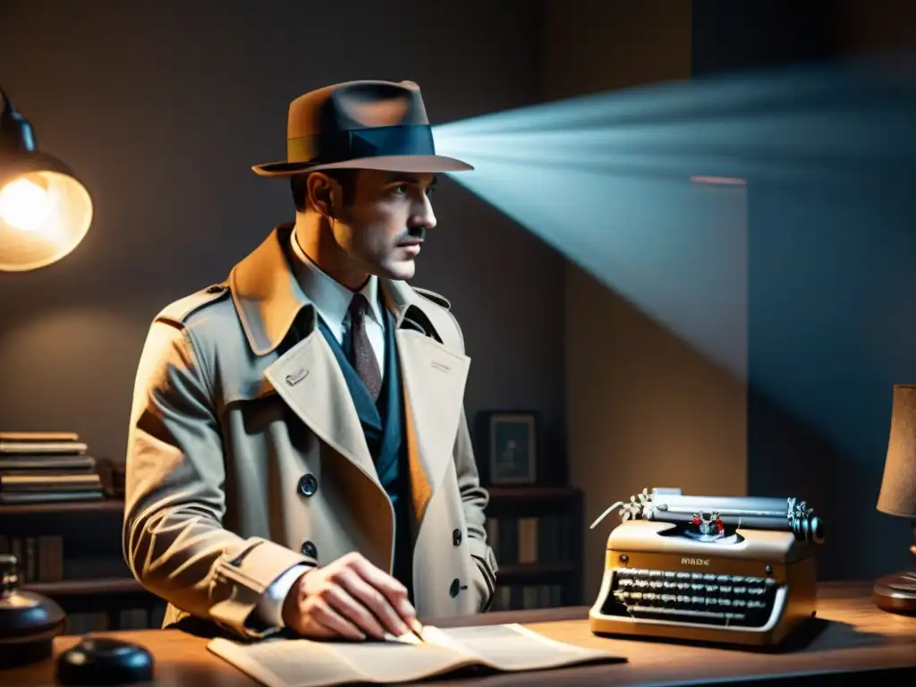 Un detective en un ambiente de Film Noir, rodeado de herramientas vintage y tecnología moderna