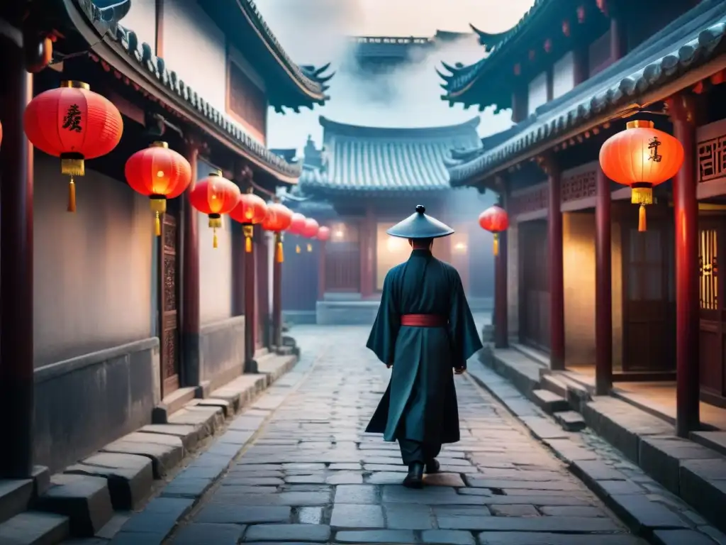 Detective sigiloso en misterioso callejón de la antigua China Un detective en la antigua China sigue sigilosamente a un sospechoso en un callejón misterioso iluminado por una linterna