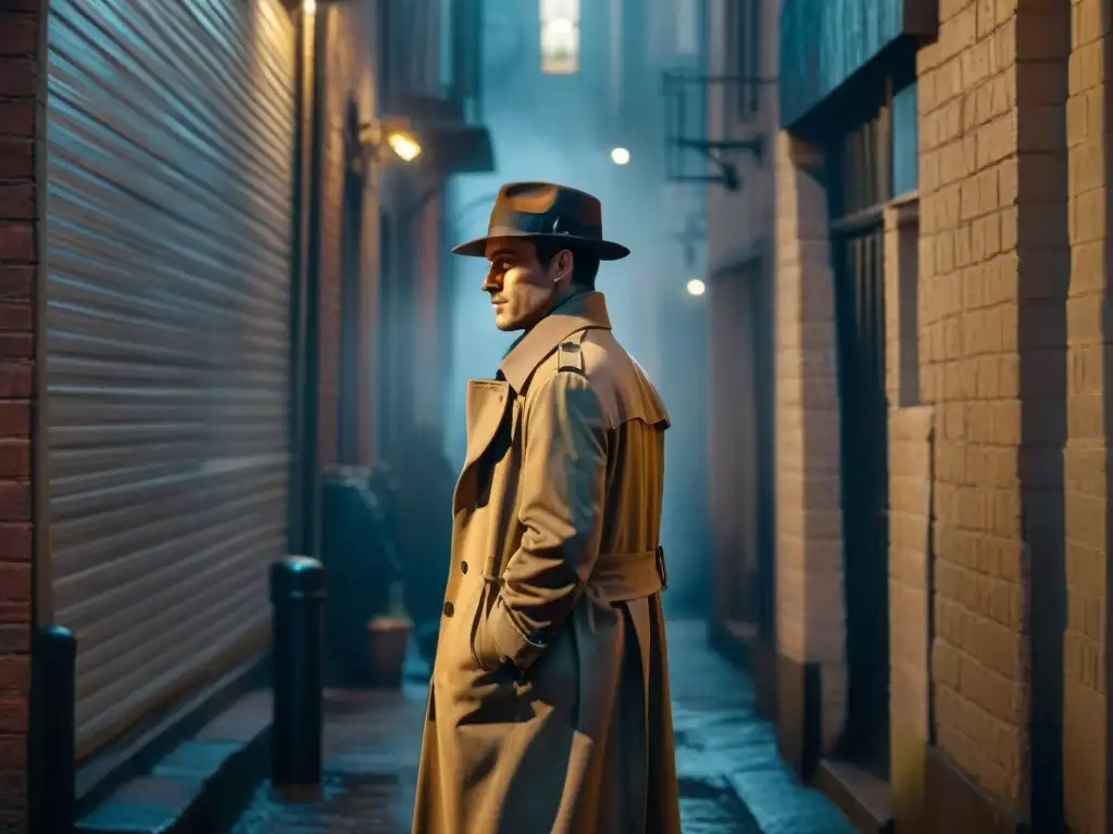 Noir misterioso: detective antiheroico en callejón sombrío Detective antihéroe en callejón oscuro bajo farola titilante, en escena de cine noir