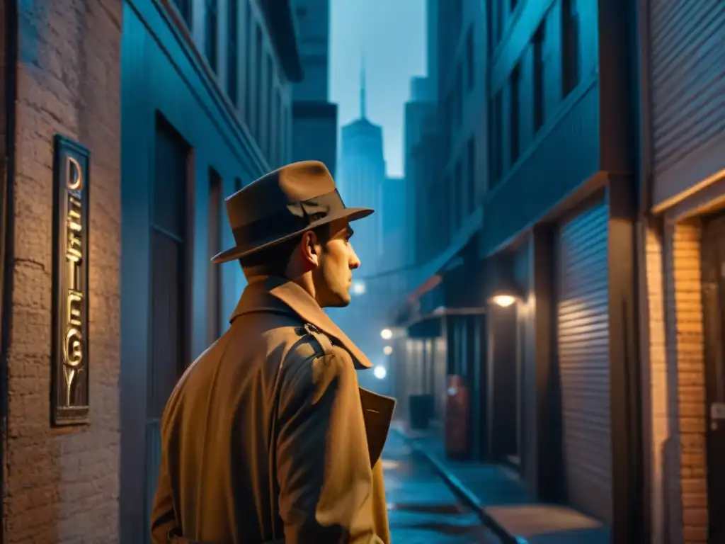 Agencia de Detectives: Misterio en la Calle Oscura Un detective antihéroe en un callejón sombrío, bajo la luz de un letrero de neón
