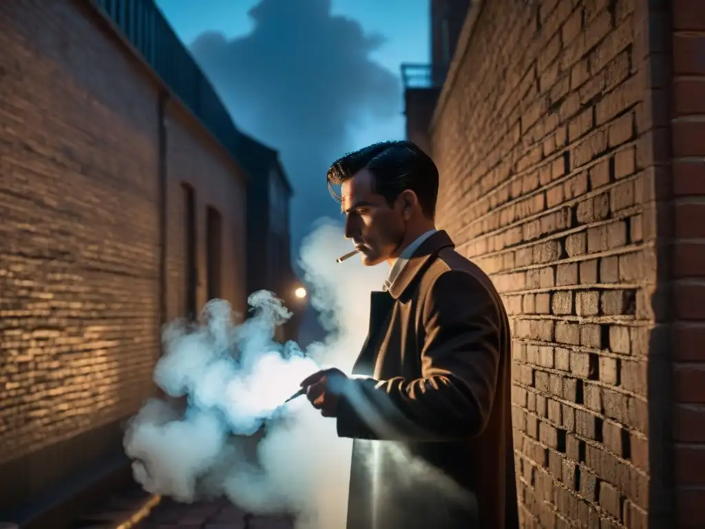 Detective solitario en callejón sombrío, pistas en mano Un detective antihéroe en un callejón sombrío, humo de cigarrillo danzando a su alrededor mientras analiza una pista en su mano