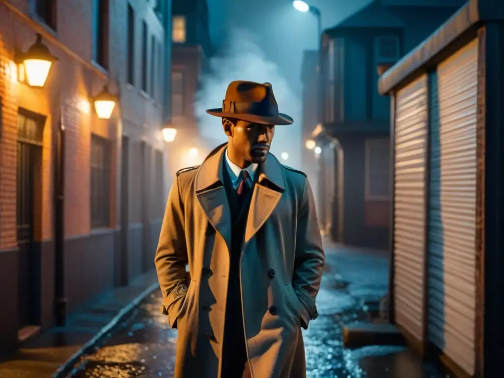Alleyway misterioso: figura solitaria bajo la luz tenue Un detective antihéroe en un callejón sombrío de noche, iluminado por una farola titilante
