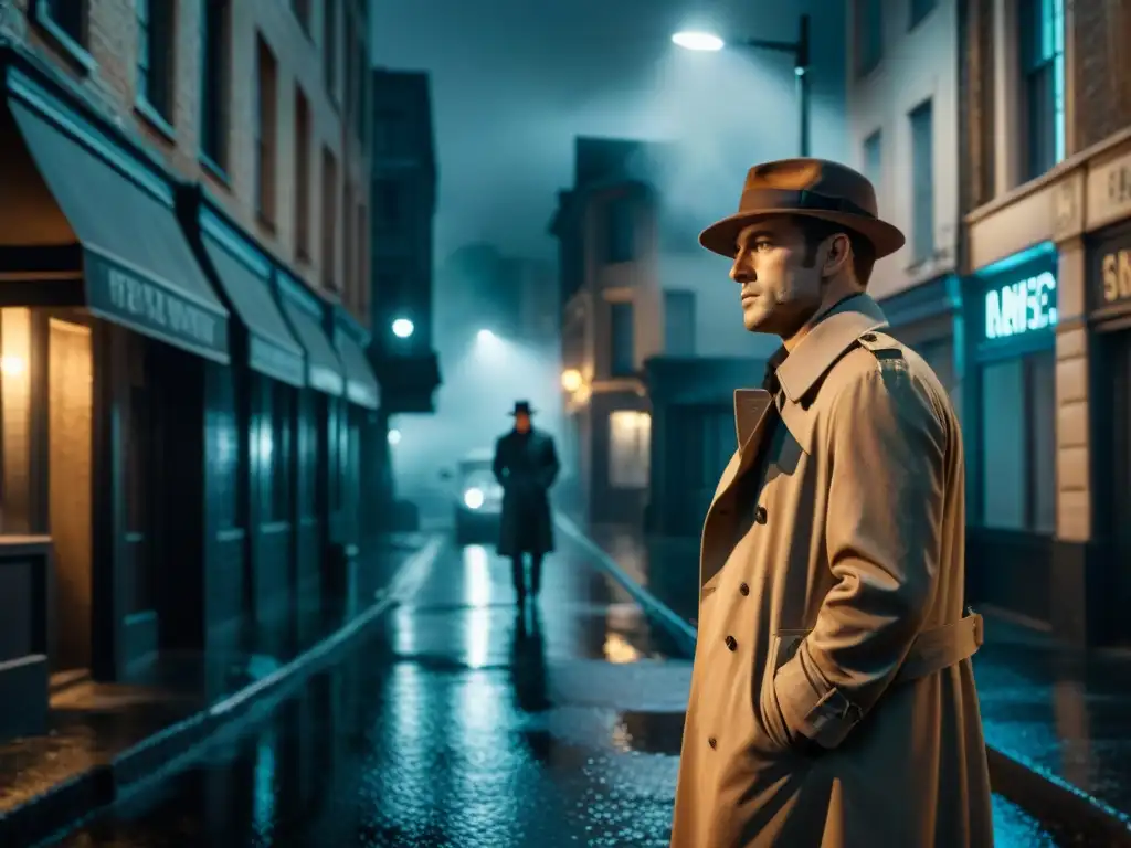 Detective antihéroe en la lluvia, bajo farola, en un callejón oscuro