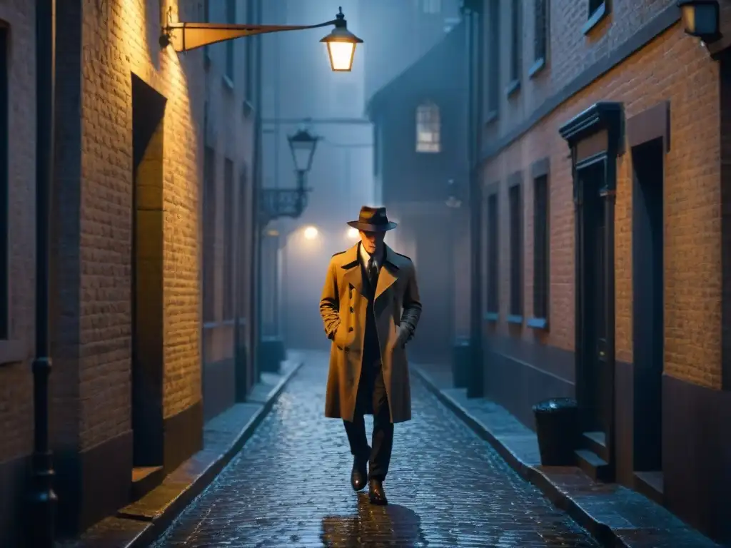 Detective misterioso en callejón sombrío | Noir urbanístico Un detective antihéroe en la penumbra de un callejón, bajo la luz de un farol tembloroso